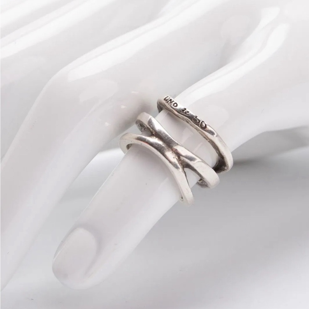 UNO DE 50 Small Ring HANDMADE Cut Out Engraved Logo Aged Metal Silver Tone 3.5